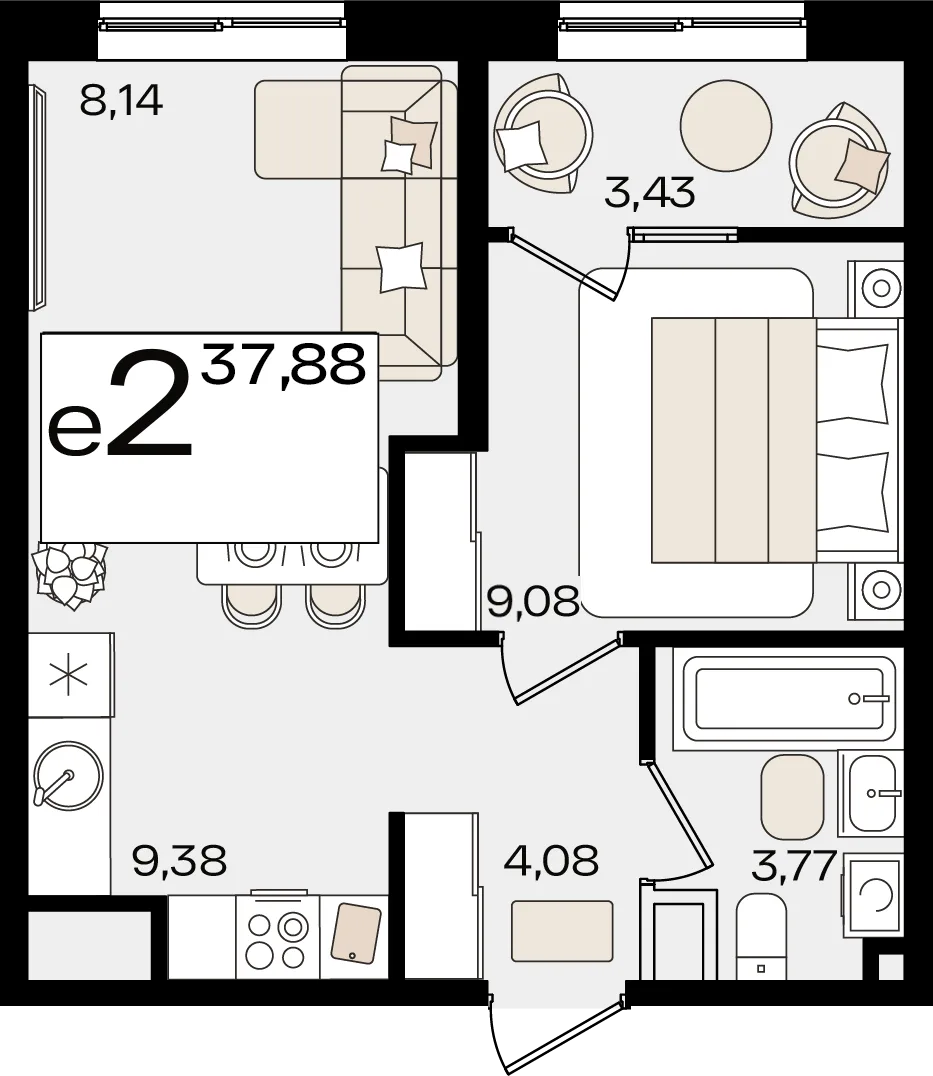 Планировка 2-комн. квартира, 37.88 м² ЖК «Патрики»
