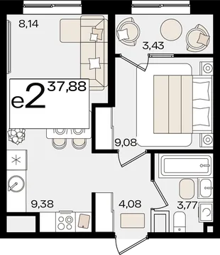 Планировка 2-комн. квартира, 37.88 м² ЖК «Патрики»