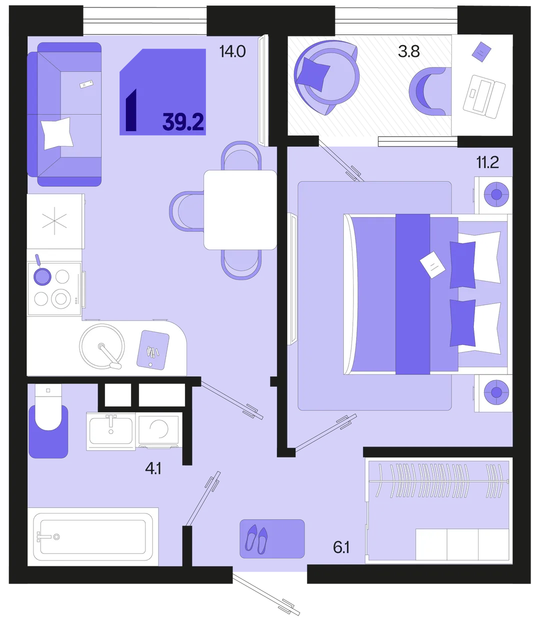 Планировка 1-комн. квартира, 39.2 м² ЖК «Первое место»