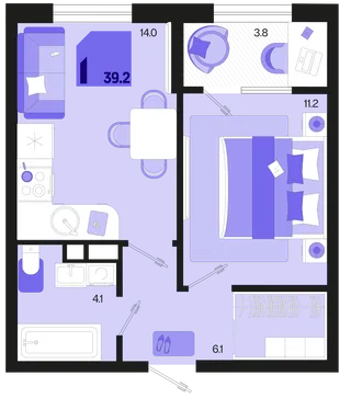 Планировка 1-комн. квартира, 39.2 м² ЖК «Первое место»