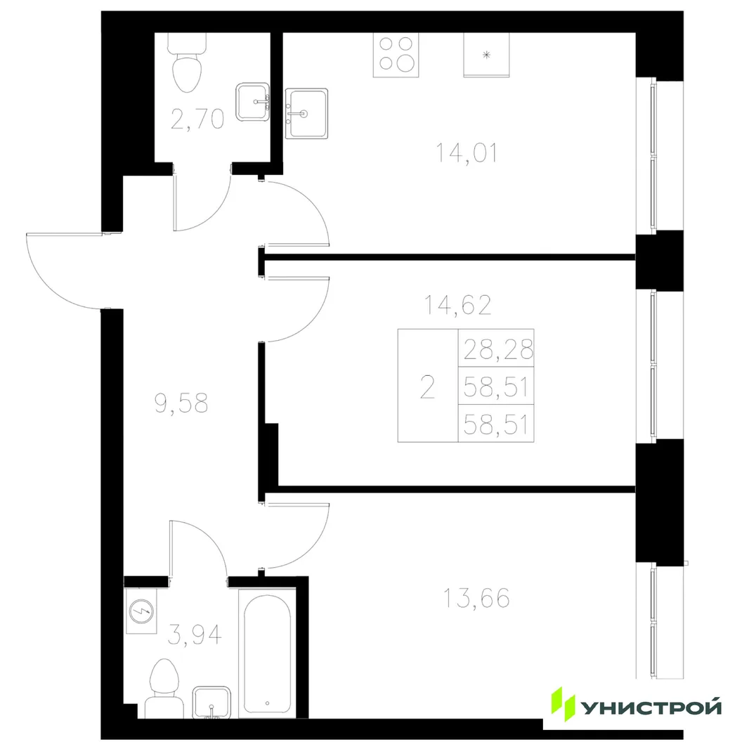 Планировка 2-комн. квартира, 58.51 м² ЖК «Statum»