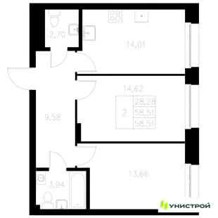 Планировка 2-комн. квартира, 58.51 м² ЖК «Statum»