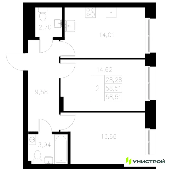 Планировка 2-комн. квартира, 58.51 м² ЖК «Statum» Планировка 2-комн. квартира, 58.51 м² ЖК «Statum»