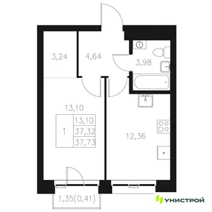 Планировка 1-комн. квартира, 37.73 м² ЖК «Statum»