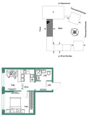 Планировка 2-комн. квартира, 29.74 м² ЖК «Сердце Сибири»