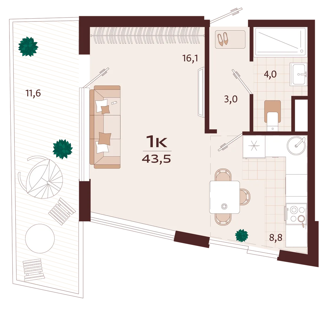Планировка 1-комн. квартира, 43.5 м² ЖК «Роялта»