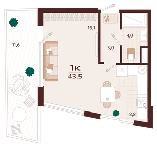 Планировка 1-комн. квартира, 43.5 м² ЖК «Роялта»