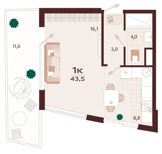 Планировка 1-комн. квартира, 43.5 м² ЖК «Роялта» Планировка 1-комн. квартира, 43.5 м² ЖК «Роялта»