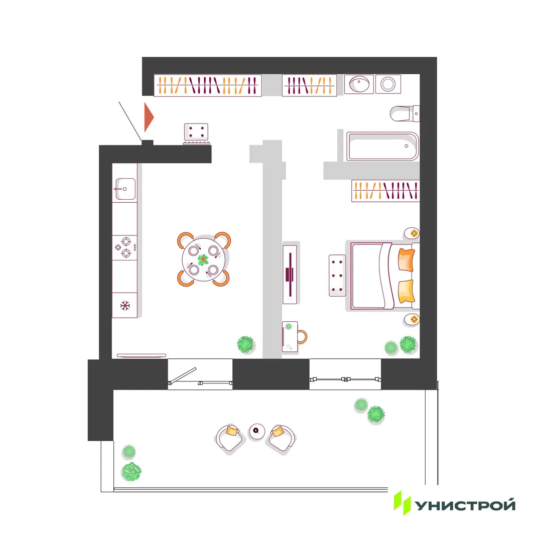 Планировка 1-комн. квартира, 46.17 м² ЖК «Южный бульвар 2»