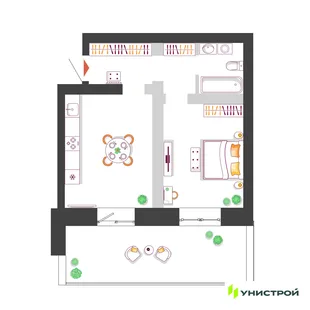 Планировка 1-комн. квартира, 46.17 м² ЖК «Южный бульвар 2»