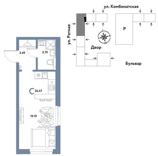 Планировка Студия, 26.47 м² ЖК «Уральский сад» Планировка Студия, 26.47 м² ЖК «Уральский сад»