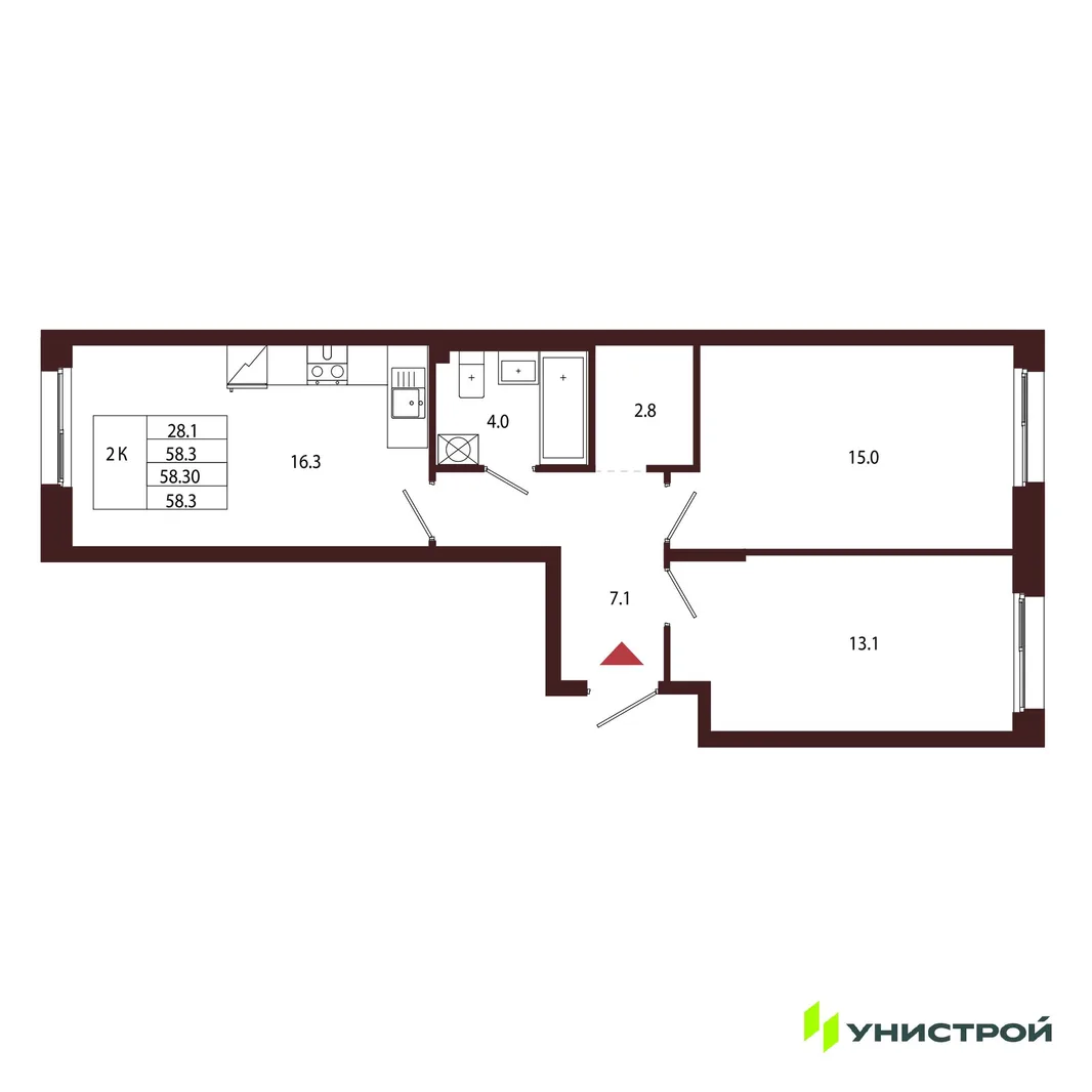 Планировка 2-комн. квартира, 58.3 м² ЖК «Лисино»