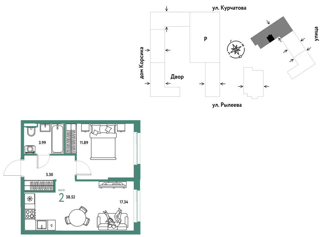 Планировка 2-комн. квартира, 38.7 м² ЖК «Остров-сад»