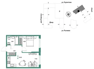 Планировка 2-комн. квартира, 38.7 м² ЖК «Остров-сад»