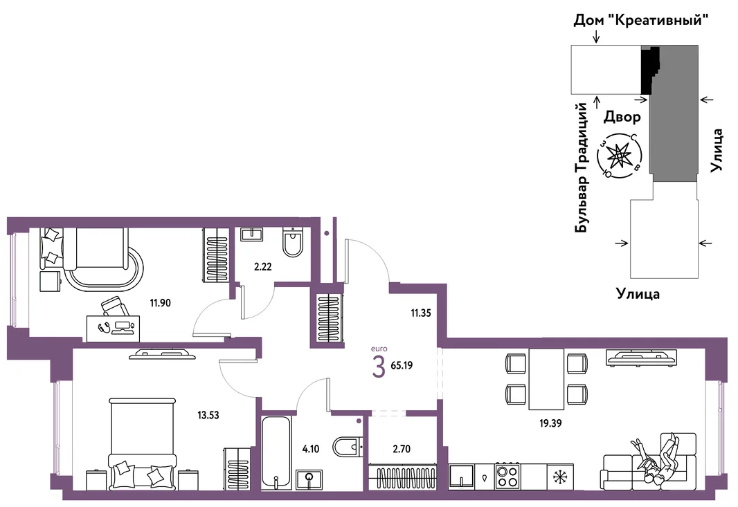 Планировка 3-комн. квартира, 65.19 м² ЖК «Микрорайон Домашний»