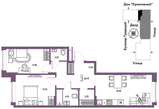 Планировка 3-комн. квартира, 65.19 м² ЖК «Микрорайон Домашний» Планировка 3-комн. квартира, 65.19 м² ЖК «Микрорайон Домашний»