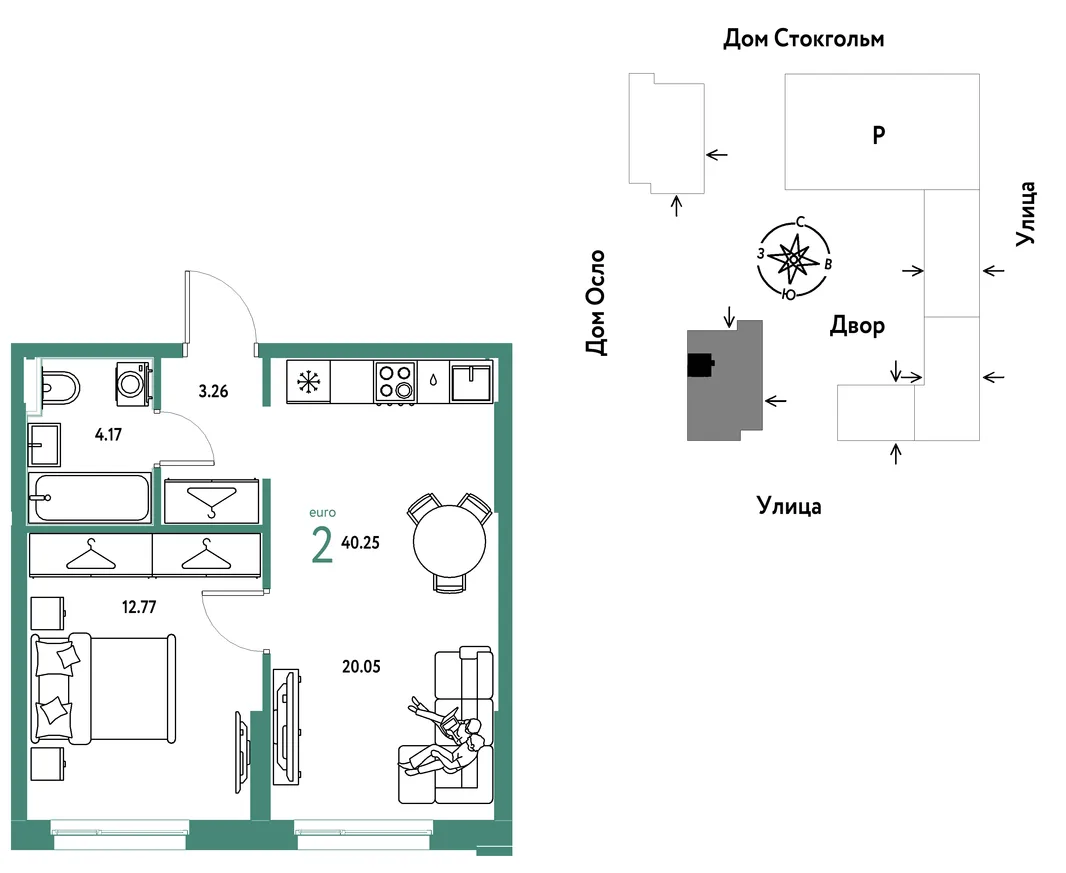 Планировка 2-комн. квартира, 40.25 м² ЖК «Европейский берег 2.0»