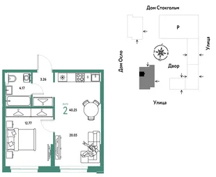 Планировка 2-комн. квартира, 40.25 м² ЖК «Европейский берег 2.0»