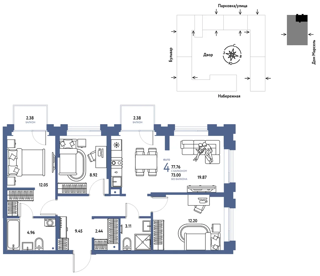 Планировка 4-комн. квартира, 77.76 м² ЖК «Европейский берег 2.0»