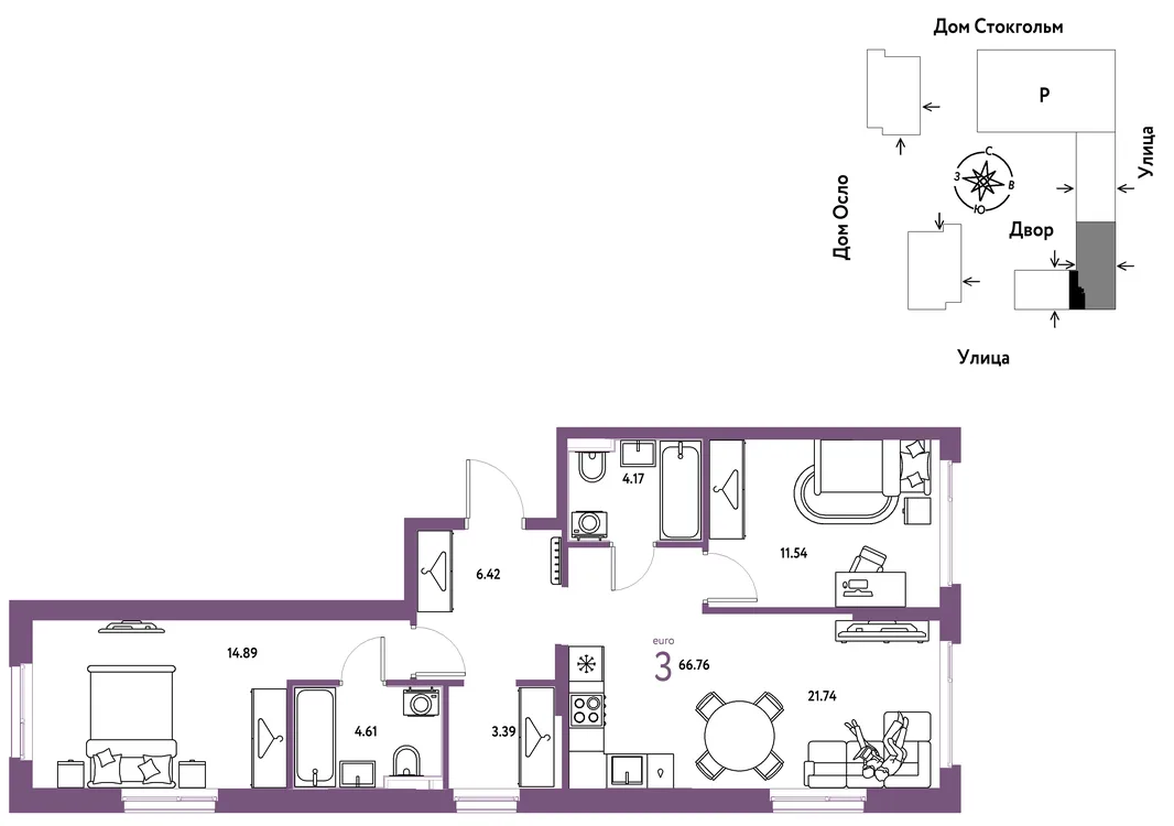 Планировка 3-комн. квартира, 66.76 м² ЖК «Европейский берег 2.0»
