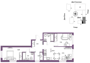 Планировка 3-комн. квартира, 66.76 м² ЖК «Европейский берег 2.0»