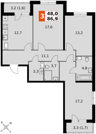 Планировка 3-комн. квартира, 86.9 м² ЖК «Олимп»
