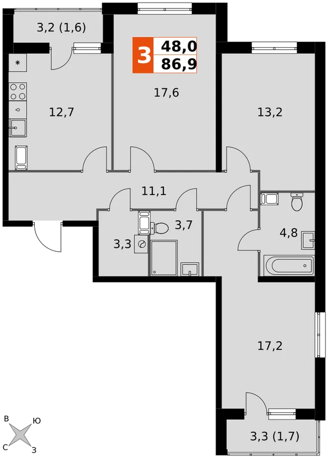 Планировка 3-комн. квартира, 86.9 м² ЖК «Олимп» Планировка 3-комн. квартира, 86.9 м² ЖК «Олимп»