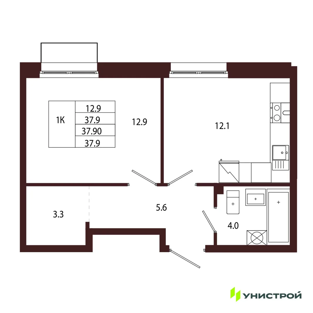 Планировка 1-комн. квартира, 37.9 м² ЖК «Лисино»