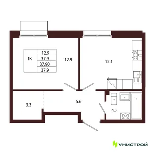 Планировка 1-комн. квартира, 37.9 м² ЖК «Лисино»