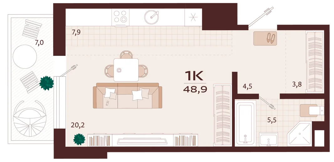 Планировка 1-комн. квартира, 48.9 м² ЖК «Роялта»