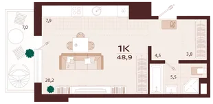 Планировка 1-комн. квартира, 48.9 м² ЖК «Роялта»