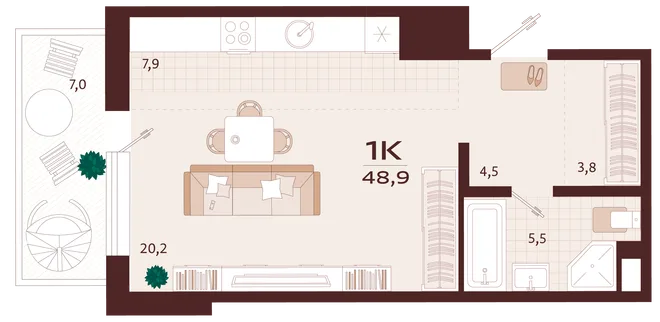Планировка 1-комн. квартира, 48.9 м² ЖК «Роялта» Планировка 1-комн. квартира, 48.9 м² ЖК «Роялта»