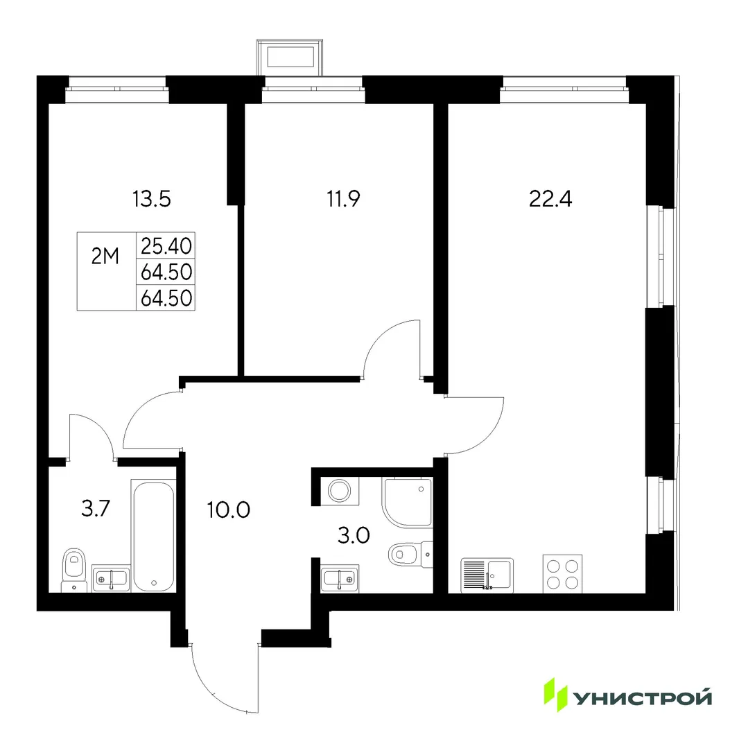 Планировка 2-комн. квартира, 64.5 м² ЖК «Стадиум»
