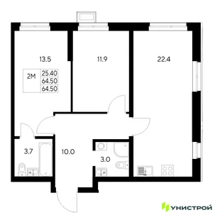 Планировка 2-комн. квартира, 64.5 м² ЖК «Стадиум»