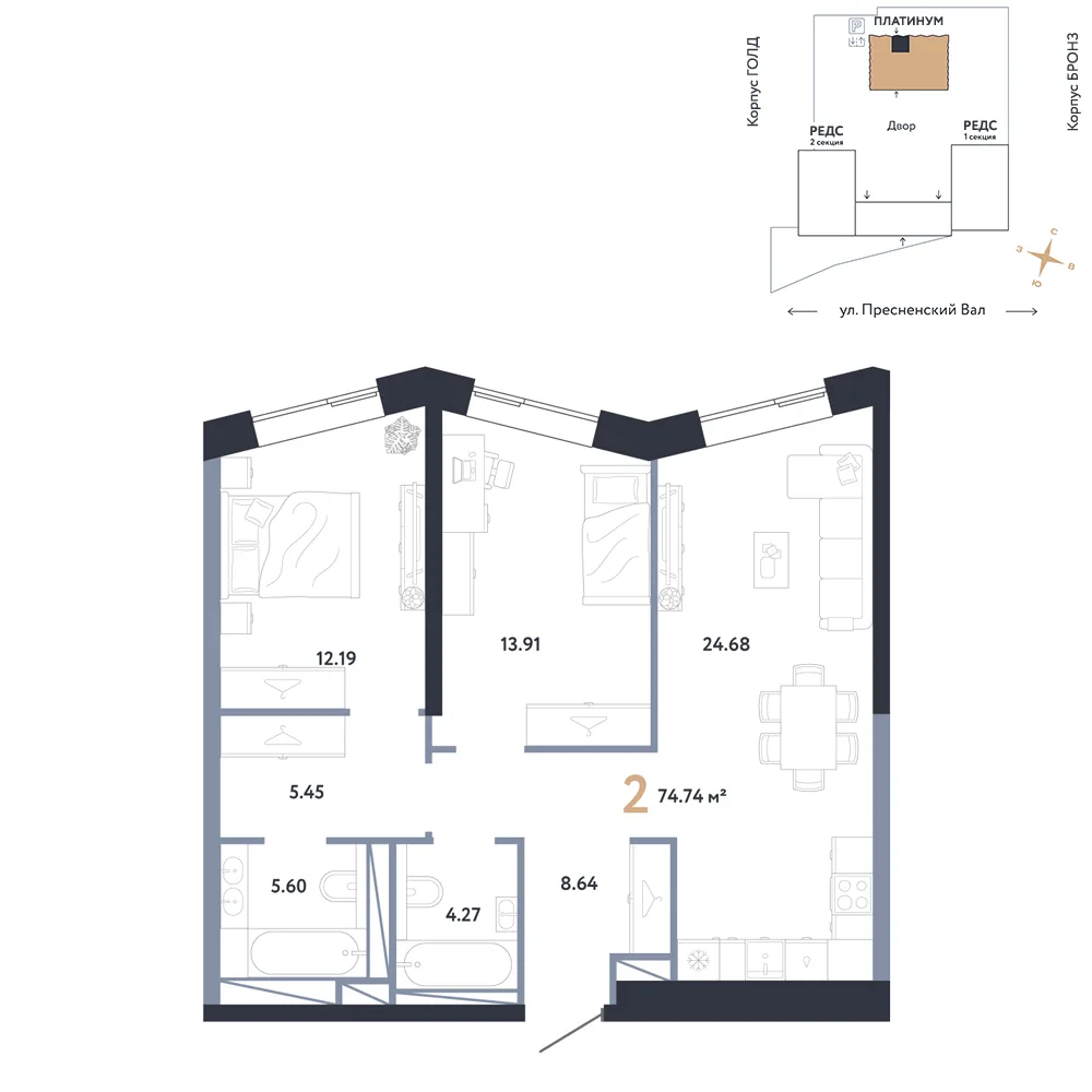 Планировка 2-комн. квартира, 74.74 м² ЖК «Репаблик»