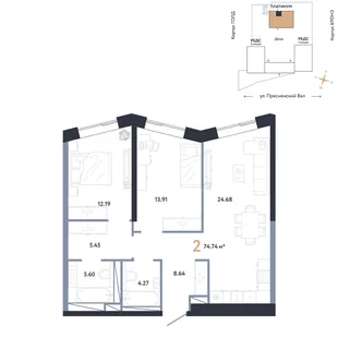 Планировка 2-комн. квартира, 74.74 м² ЖК «Репаблик»