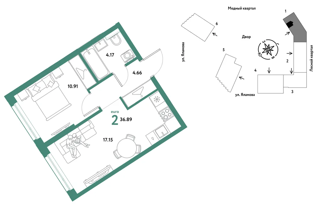 Планировка 2-комн. квартира, 36.89 м² ЖК «Сибирский сад»