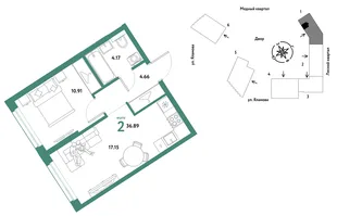 Планировка 2-комн. квартира, 36.89 м² ЖК «Сибирский сад»