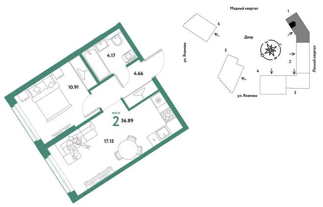 Планировка 2-комн. квартира, 36.89 м² ЖК «Сибирский сад» Планировка 2-комн. квартира, 36.89 м² ЖК «Сибирский сад»