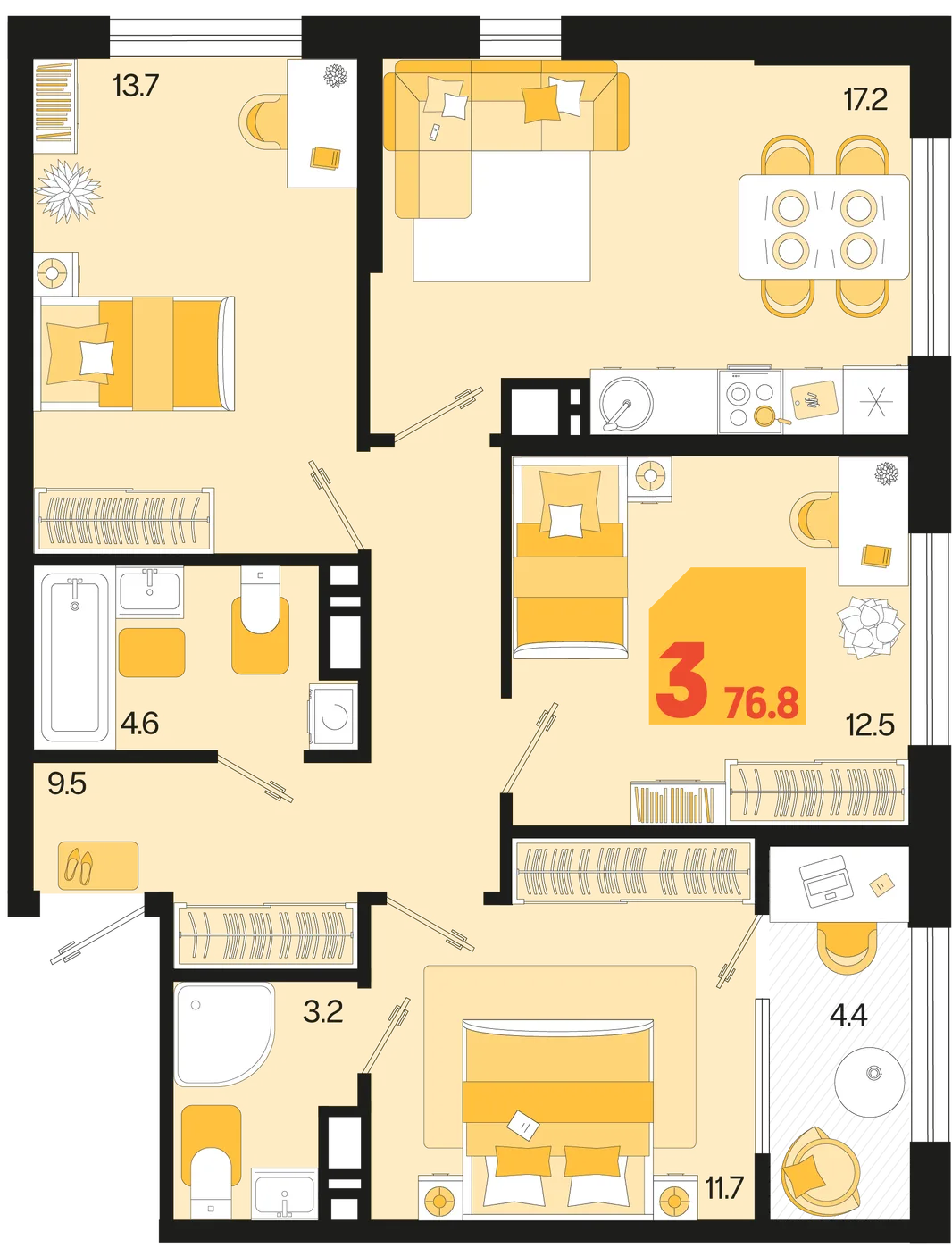 Планировка 3-комн. квартира, 76.8 м² ЖК «Первое место»