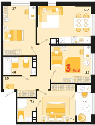 Планировка 3-комн. квартира, 76.8 м² ЖК «Первое место»