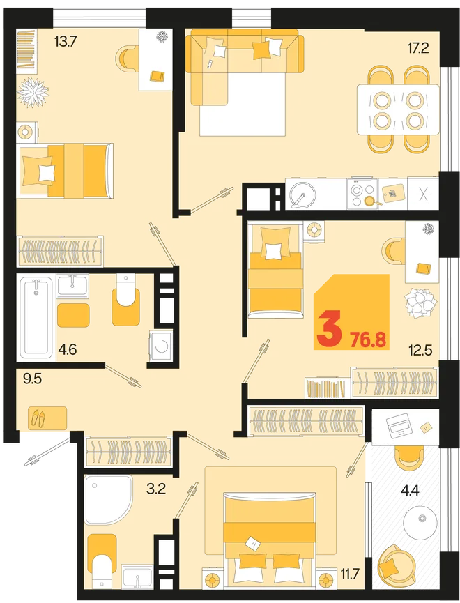 Планировка 3-комн. квартира, 76.8 м² ЖК «Первое место» Планировка 3-комн. квартира, 76.8 м² ЖК «Первое место»