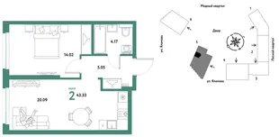 Планировка 2-комн. квартира, 43.33 м² ЖК «Сибирский сад»