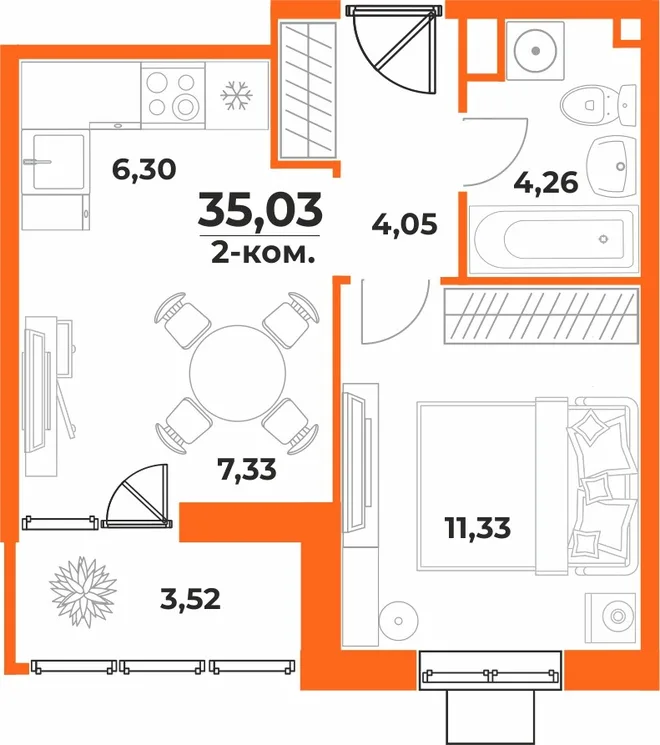 Планировка 2-комн. квартира, 35.03 м² ЖК «Живописный сад» Планировка 2-комн. квартира, 35.03 м² ЖК «Живописный сад»