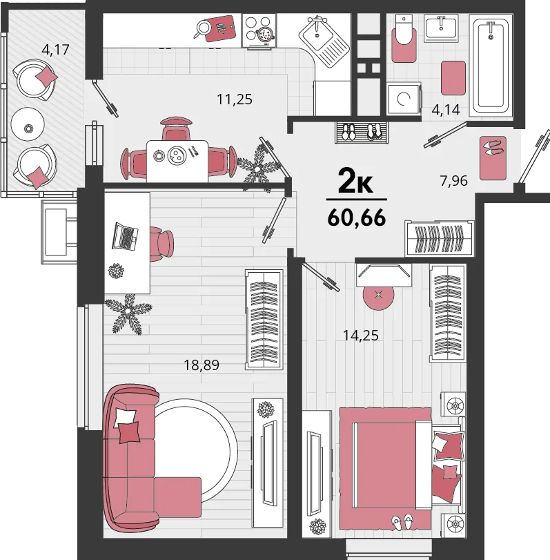 Планировка 2-комн. квартира, 60.66 м² ЖК «Родные просторы»