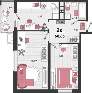 Планировка 2-комн. квартира, 60.66 м² ЖК «Родные просторы»
