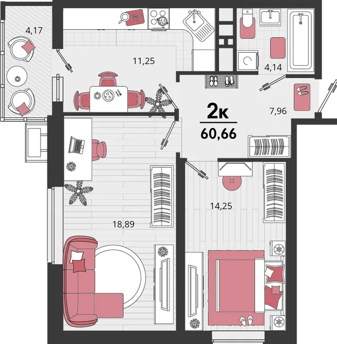 Планировка 2-комн. квартира, 60.66 м² ЖК «Родные просторы» Планировка 2-комн. квартира, 60.66 м² ЖК «Родные просторы»
