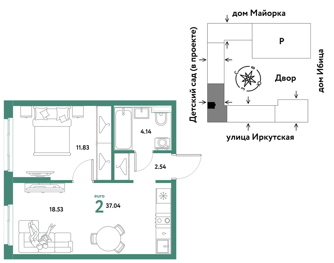 Планировка 2-комн. квартира, 37.04 м² ЖК «Остров-сад»