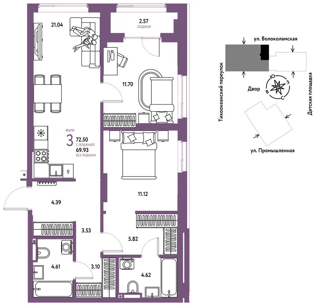 Планировка 3-комн. квартира, 72.5 м² ЖК «Страна Прибрежная»