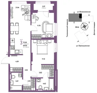 Планировка 3-комн. квартира, 72.5 м² ЖК «Страна Прибрежная»